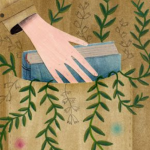 Illustration of a book in the pocket of someone's coat. A pale hand is reaching for the novel and around it, from within the pocket, are flowers and vines.