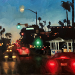 Oil painting depicting a night scene on the streets of a city: cars on a road with blurry red and yellow lights. Painting byNight Patterns by Jennifer Diehl