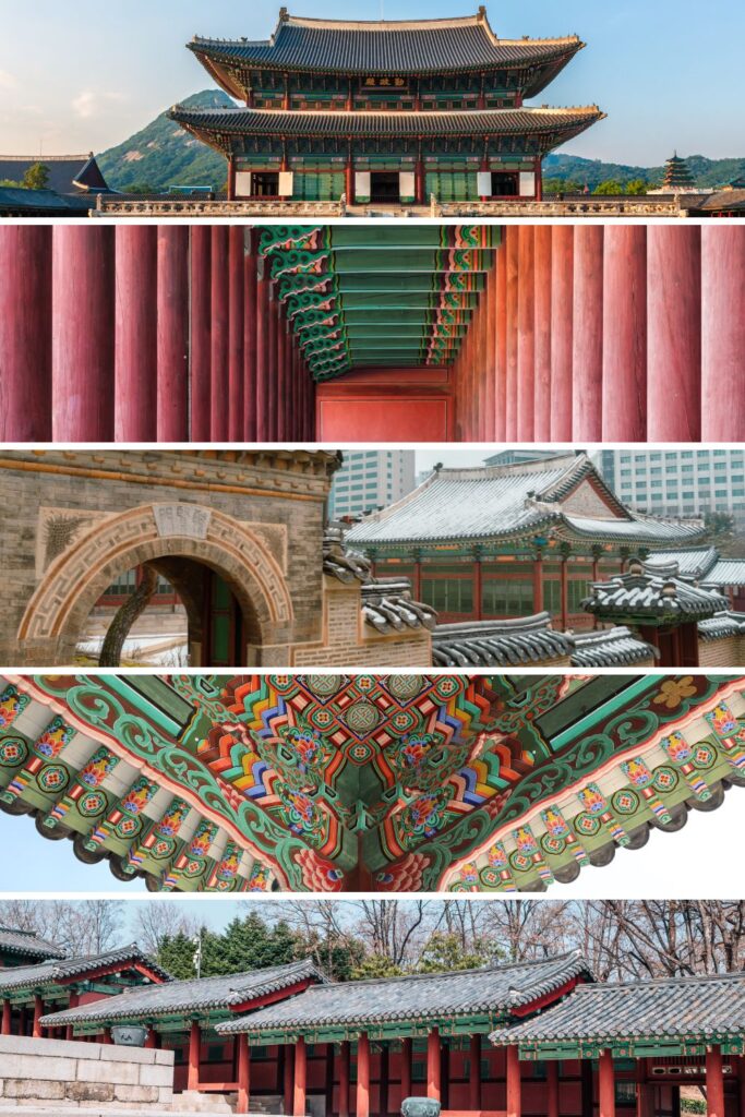 Collage of Seouls 5 Palaces. The image is broken into a grid and shares a bright, beautiful image of Gyeongbokgung Palace, Changdeokgung Palace, Changgyeonggung Palace, Deoksugung Palace and Gyeonghuigung Palace