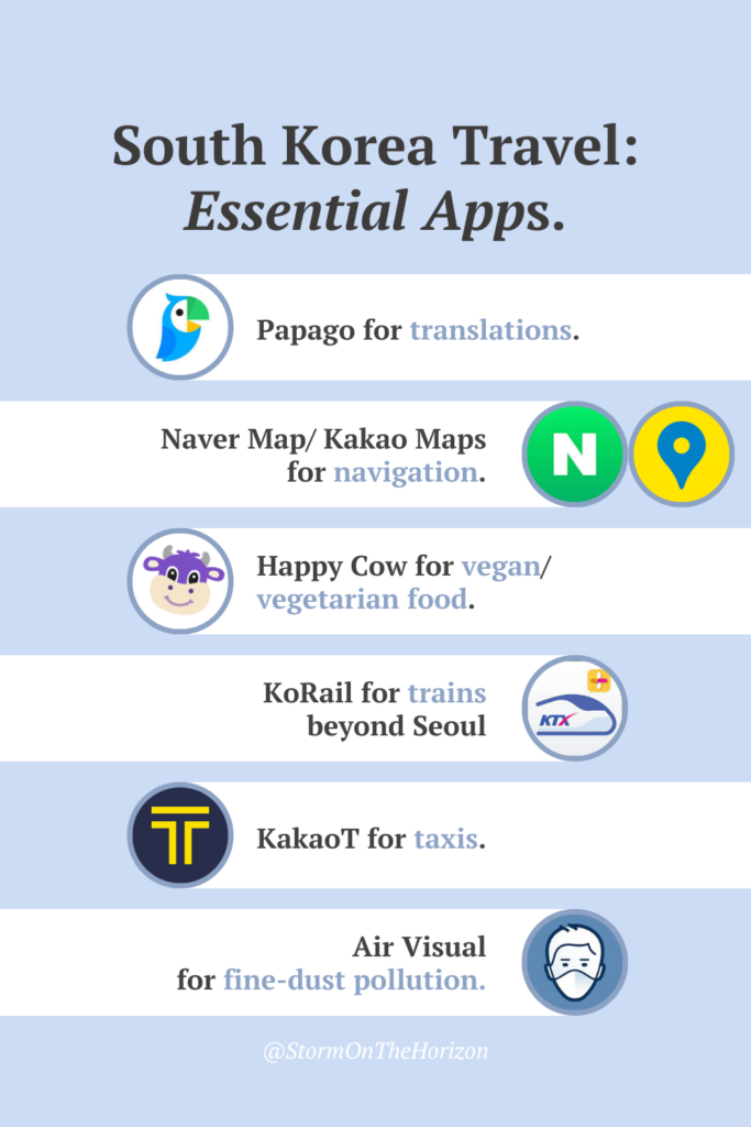 Infographic of essential apps you need when you travel to South Korea shared by Storm on the Horizon. The useful apps for Korea travel are Papago, Naver Map, Kakao Maps and Kakao Taxi, KoRail, Air Visual and for vegans and vegetarians in Seoul, stomonthehorizon reccomends Happy Cow.